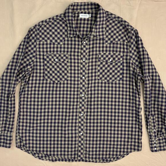 Tecovas Men’s Navy and Tan Checkered Pearl Snap Long Sleeve Shirt Size XXL - Picture 1 of 7